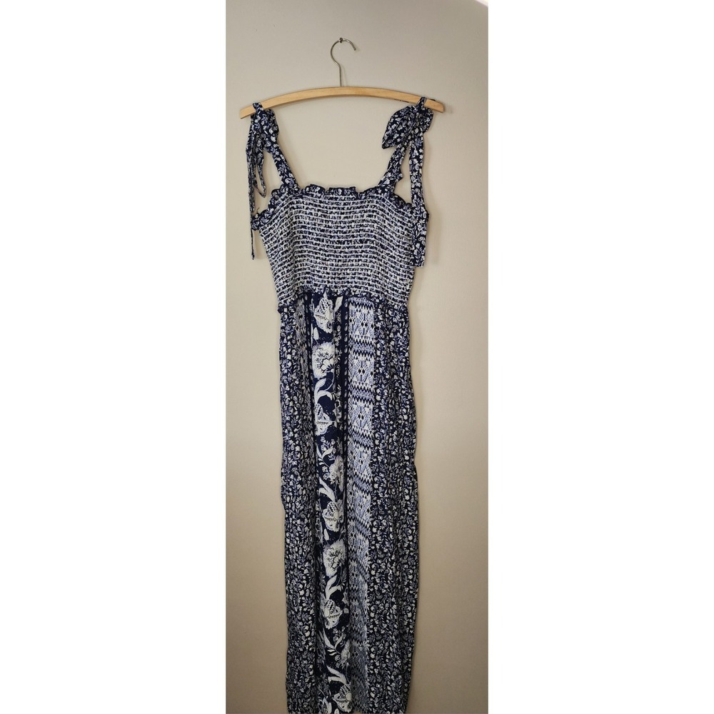 Angie Blue Boho Patchwork Maxi Dress Smocked Tie Strap Floral Women's